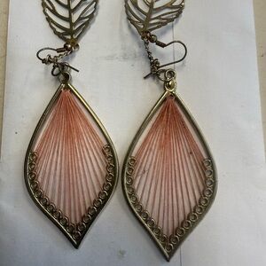 Gold Leaf Drop Earrings with Peach Thread Inlay - Women Jewelry